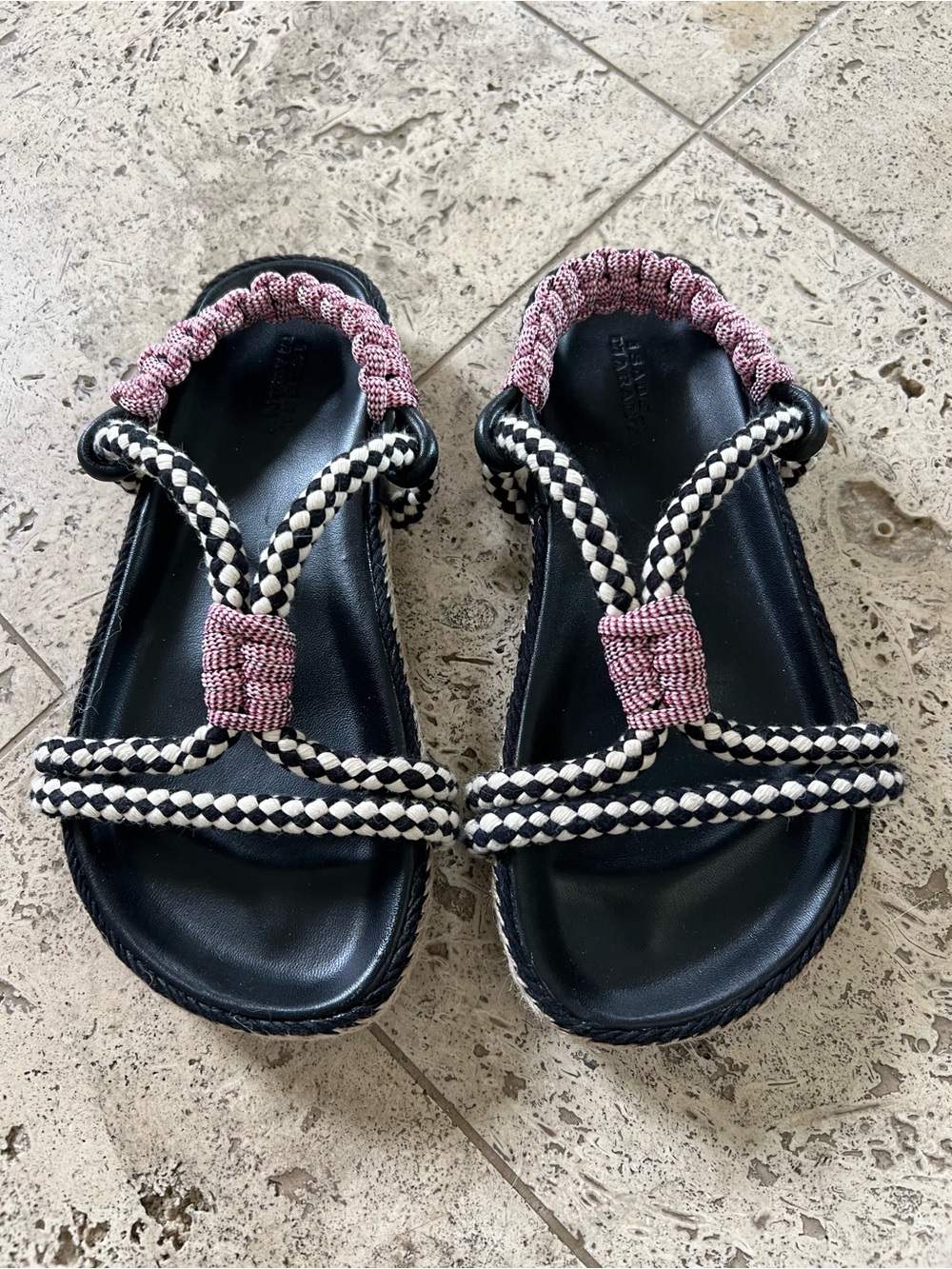Isabel Marant Black Rope Slide Sandals with Pink and Black-White Braided Straps